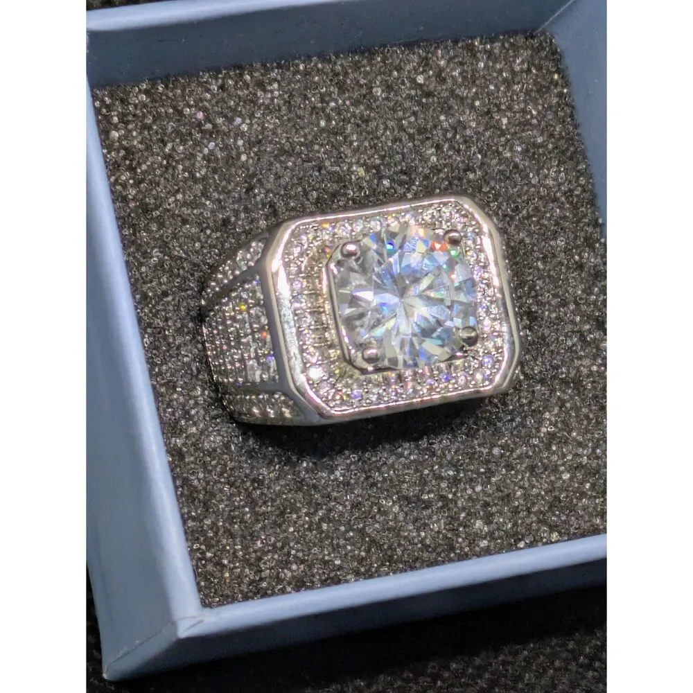 New Mens Iced Out Square Statement Moissanite Accent Ring Adjustable Size 10-12